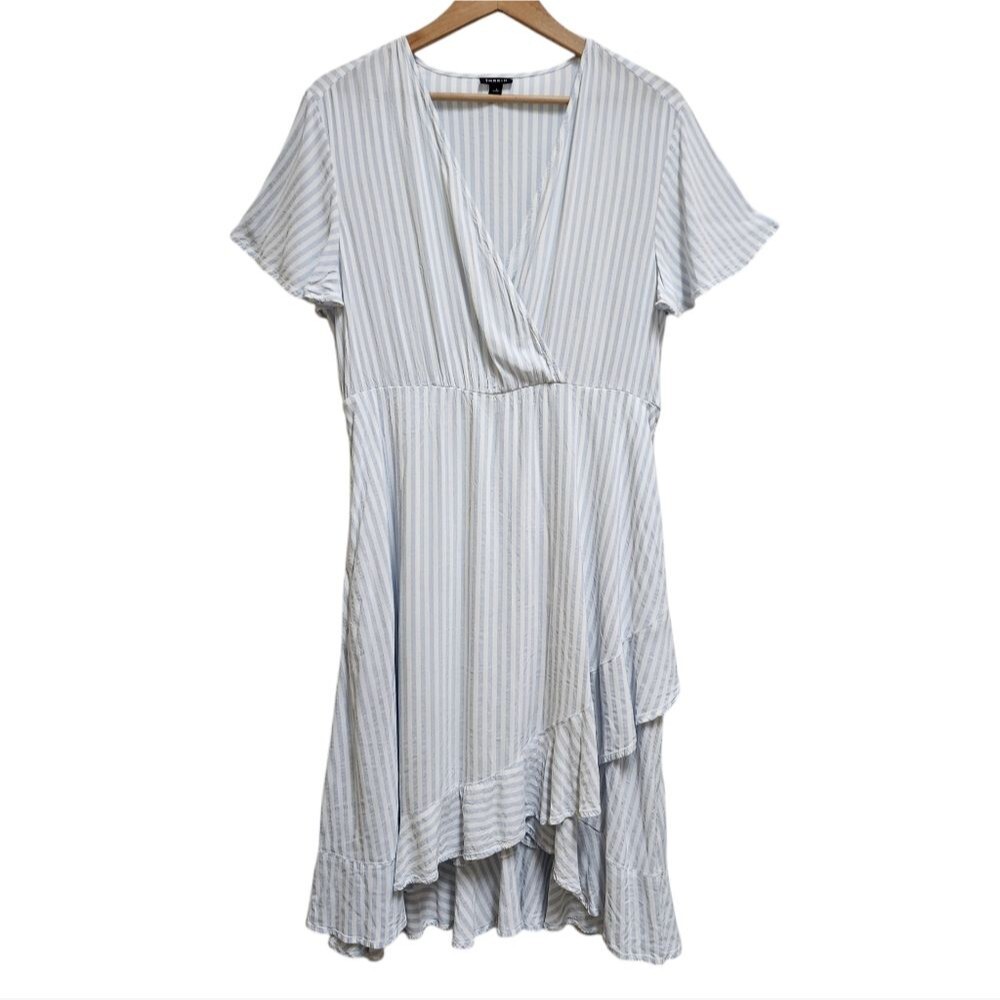 Torrid Dress 1X Blue White Striped Faux Wrap V Neck Flutter Sleeve Ruffled Hem